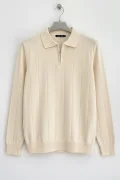 Erkek Yarım Fermuarlı Polo Yaka Normal Kalıp Kazak Krem Cd101