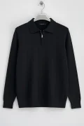 Erkek Yarım Fermuarlı Polo Yaka Normal Kalıp Kazak Siyah Cd101