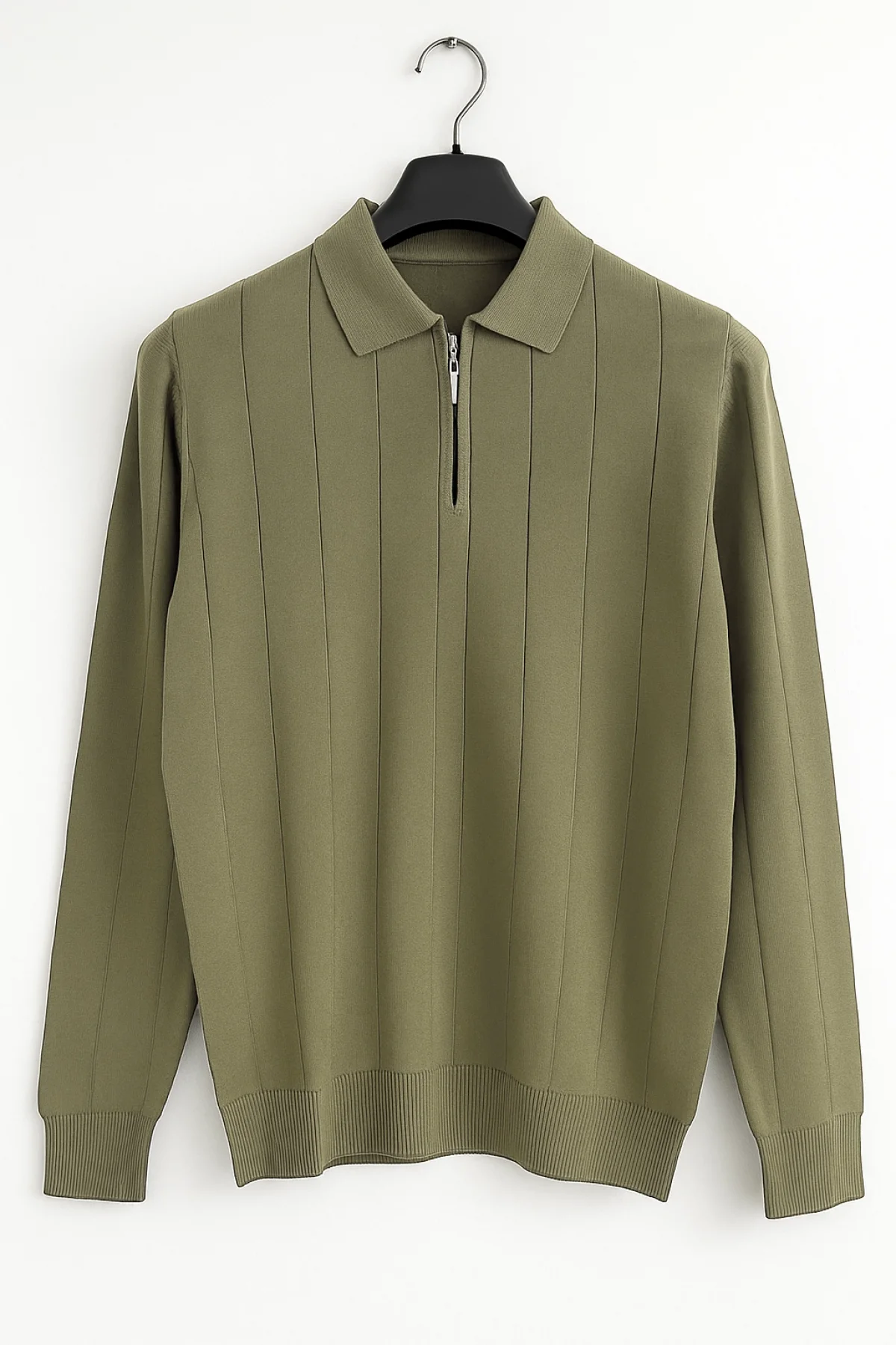 Erkek Yarım Fermuarlı Polo Yaka Normal Kalıp Kazak Haki Cd101