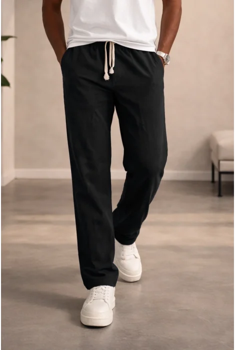 Erkek Keten Görünümlü Pamuk Pantolon Siyah Cd159