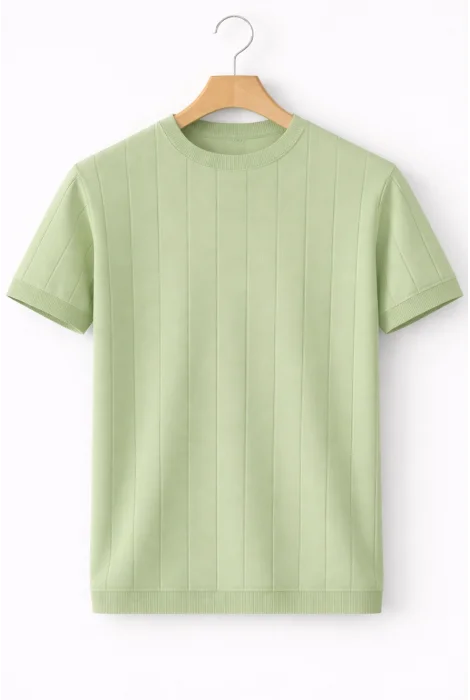 Erkek Bisiklet Yaka Çizgili Triko Tişört Açık Yeşil Cd163