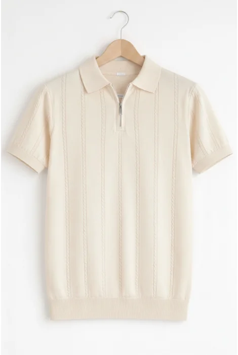 Erkek Polo Yaka Desenli Triko Tişört Krem Cd164