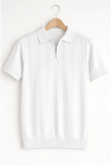 Erkek Polo Yaka Desenli Triko Tişört Beyaz Cd164