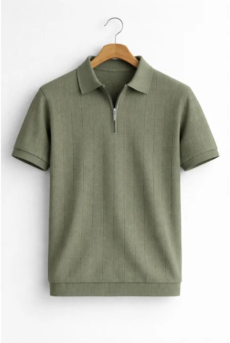 Erkek Nokta Desenli Polo Yaka Triko Tişört Açık Yeşil Cd166