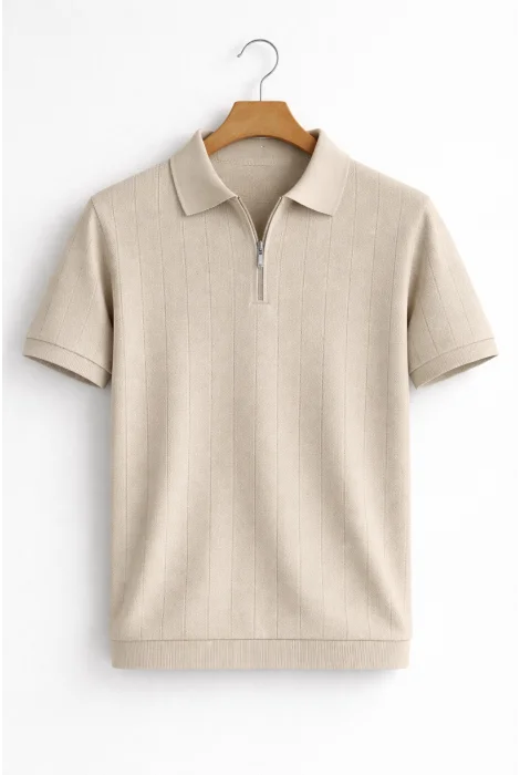 Erkek Nokta Desenli Polo Yaka Triko Tişört Vizon Cd166