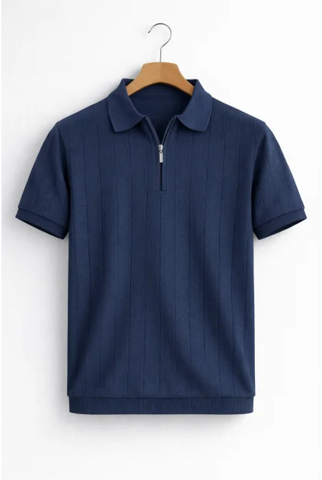 Erkek Nokta Desenli Polo Yaka Triko Tişört Lacivert Cd166
