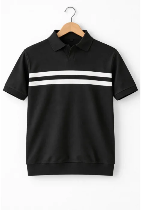 Erkek Açık Yaka Çizgi Desenli Triko Tişört Siyah Cd176