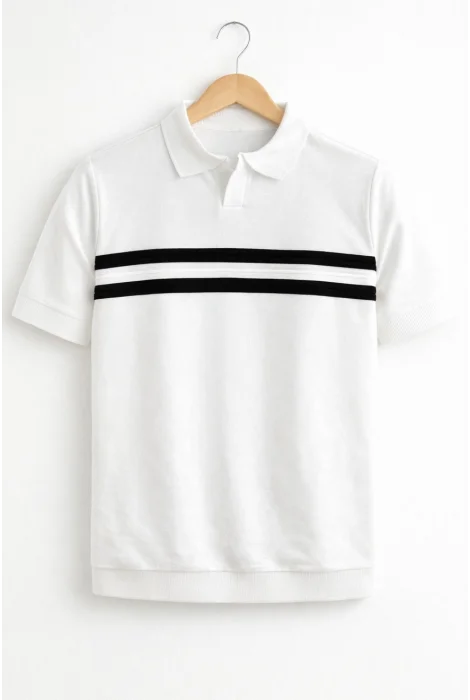 Erkek Açık Yaka Çizgi Desenli Triko Tişört Beyaz Cd176