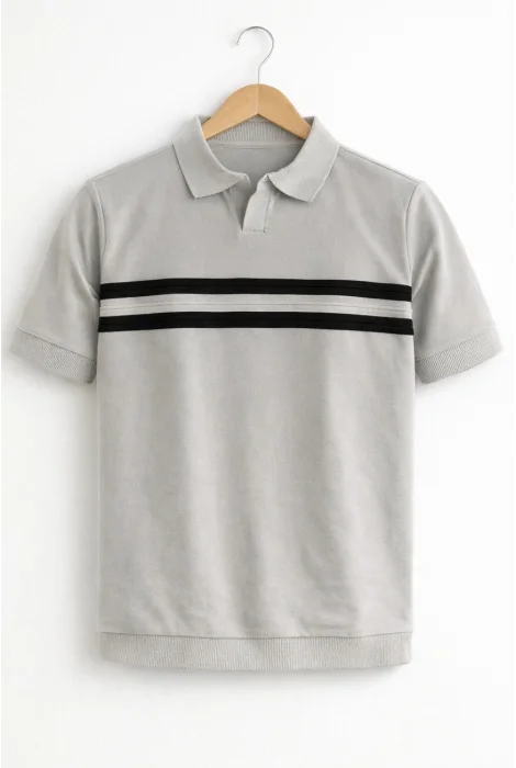 Erkek Açık Yaka Çizgi Desenli Triko Tişört Gri Cd176