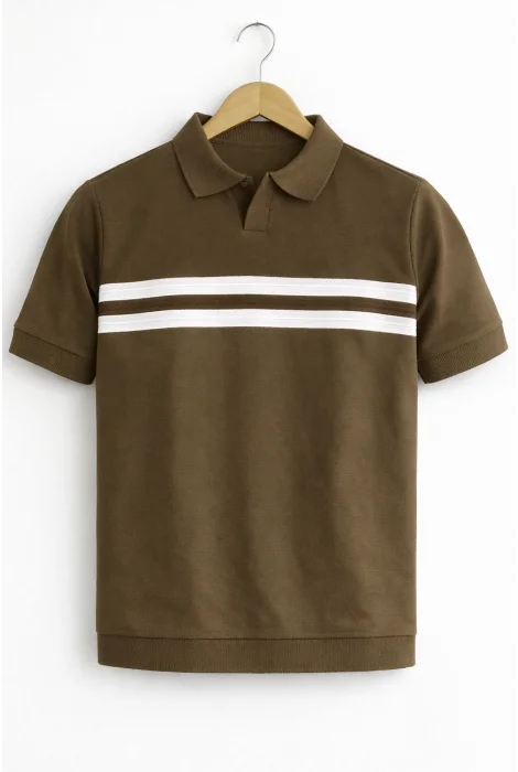 Erkek Açık Yaka Çizgi Desenli Triko Tişört Açık Kahverengi Cd176