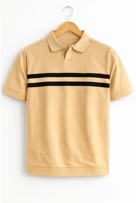 Erkek Açık Yaka Çizgi Desenli Triko Tişört Sarı Cd176