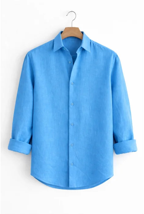 Erkek Keten Görünümlü Pamuklu Gömlek Mavi Cd158