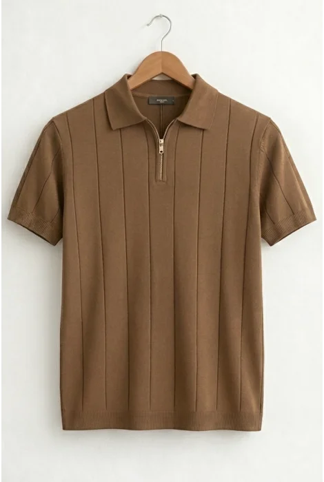 Erkek Polo Yaka Çizgili Triko Tişört Açık Kahverengi Cd171