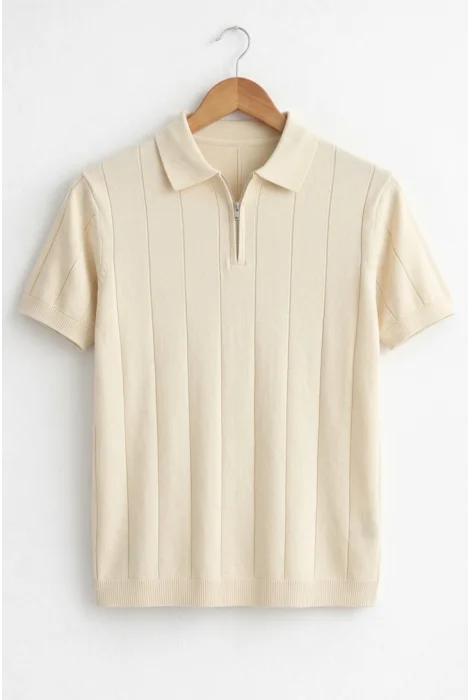 Erkek Polo Yaka Çizgili Triko Tişört Krem Cd171