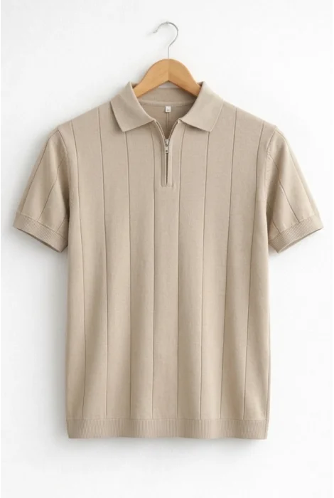 Erkek Polo Yaka Çizgili Triko Tişört Vizon Cd171