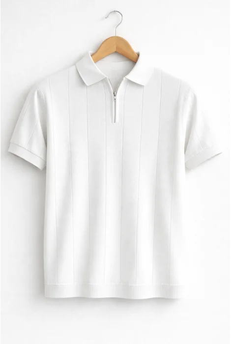 Erkek Polo Yaka Çizgili Triko Tişört Beyaz Cd171