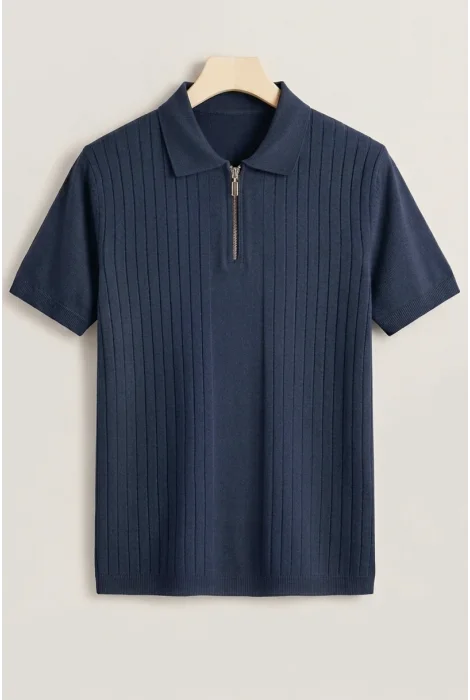 Erkek Çizgi Desenli Polo Yaka Triko Tişört Lacivert Cd168