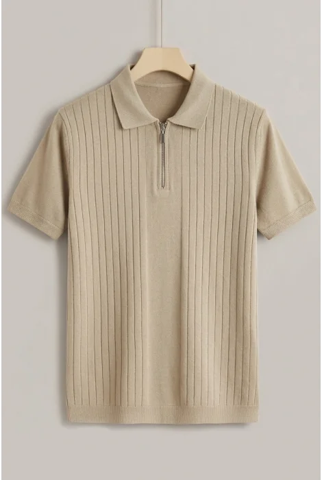 Erkek Çizgi Desenli Polo Yaka Triko Tişört Vizon Cd168