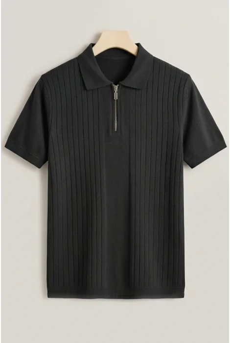 Erkek Çizgi Desenli Polo Yaka Triko Tişört Siyah Cd168