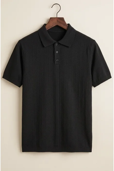 Erkek Polo Yaka Düğmeli Triko Tişört Siyah Cd172