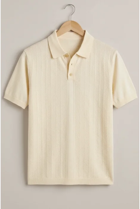 Erkek Polo Yaka Düğmeli Triko Tişört Krem Cd172
