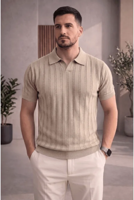 Erkek Açık Yaka Desenli Triko Tişört Vizon Cd162