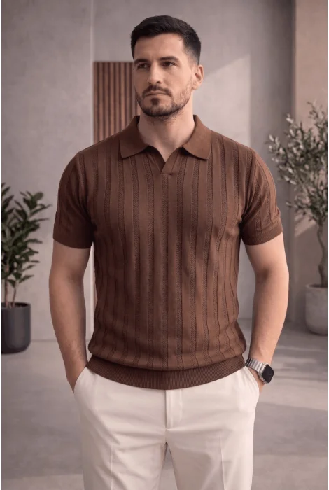 Erkek Açık Yaka Desenli Triko Tişört Kahverengi Cd162