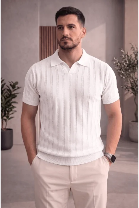 Erkek Açık Yaka Desenli Triko Tişört Beyaz Cd162