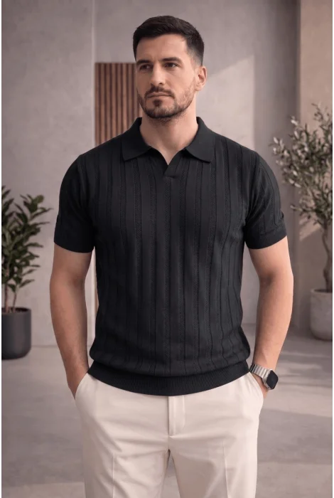 Erkek Açık Yaka Desenli Triko Tişört Siyah Cd162