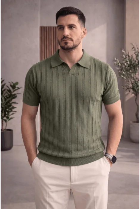 Erkek Açık Yaka Desenli Triko Tişört Açık Yeşil Cd162