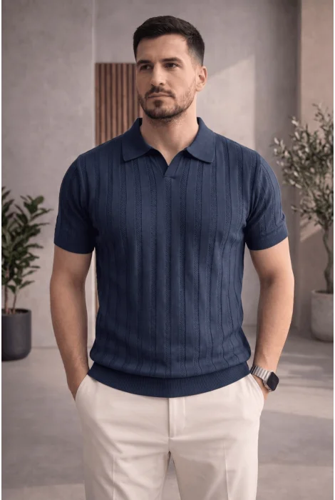 Erkek Açık Yaka Desenli Triko Tişört Lacivert Cd162