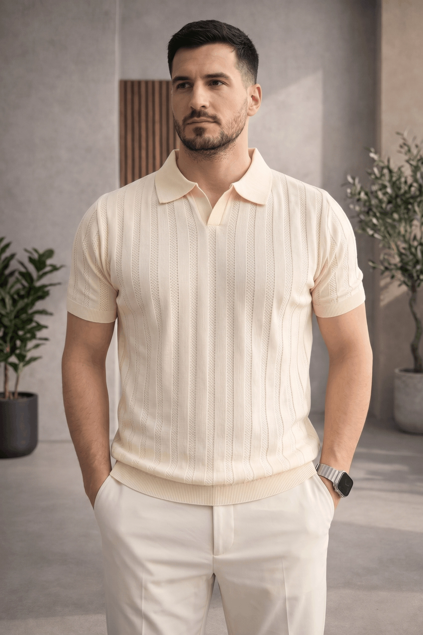 Erkek Açık Yaka Desenli Triko Tişört Krem Cd162