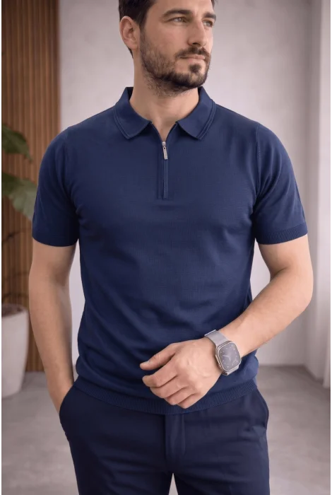 Erkek Polo Yaka Düz Triko Tişört Lacivert Cd173