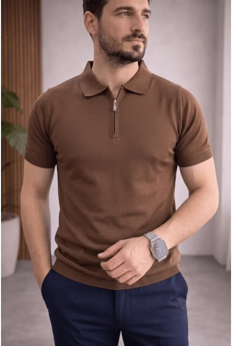 Erkek Polo Yaka Düz Triko Tişört Kahverengi Cd173