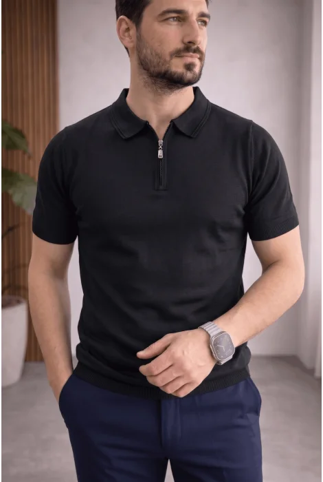 Erkek Polo Yaka Düz Triko Tişört Siyah Cd173