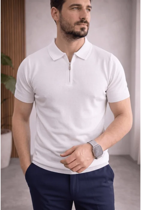 Erkek Polo Yaka Düz Triko Tişört Beyaz Cd173