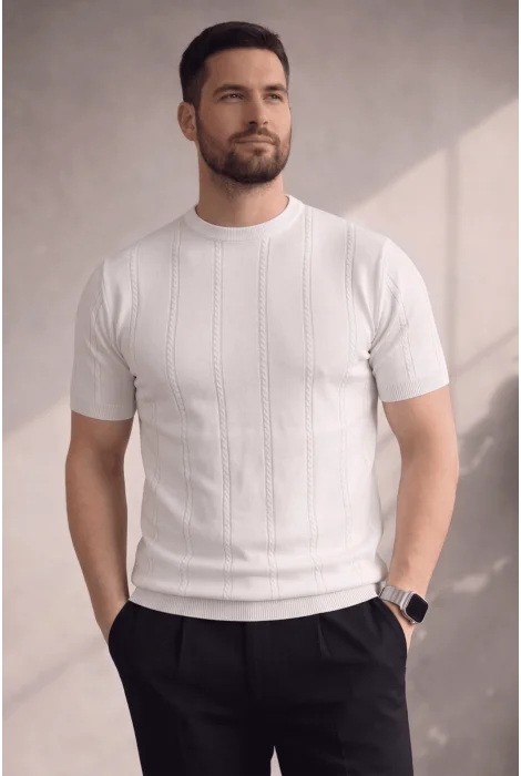 Erkek Bisiklet Yaka Desenli Triko Tişört Beyaz Cd161