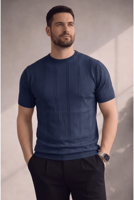 Erkek Bisiklet Yaka Desenli Triko Tişört Lacivert Cd161