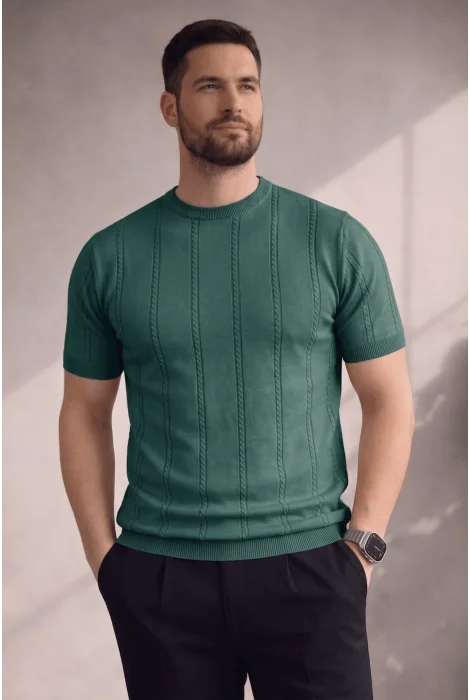 Erkek Bisiklet Yaka Desenli Triko Tişört Yeşil Cd161