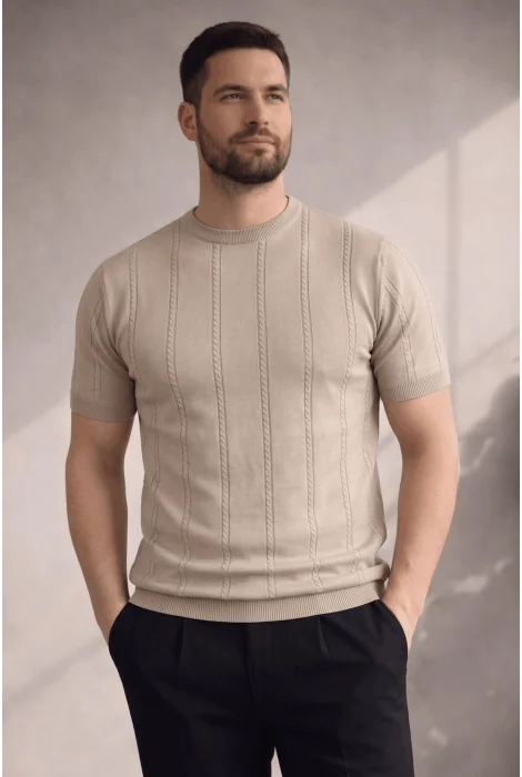 Erkek Bisiklet Yaka Desenli Triko Tişört Vizon Cd161