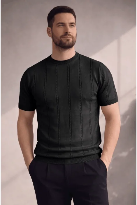 Erkek Bisiklet Yaka Desenli Triko Tişört Siyah Cd161