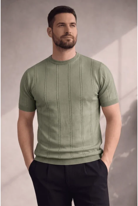 Erkek Bisiklet Yaka Desenli Triko Tişört Açık Yeşil Cd161