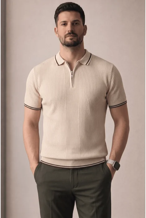 Erkek Polo Yaka Çizgili Tişört Krem Cd177