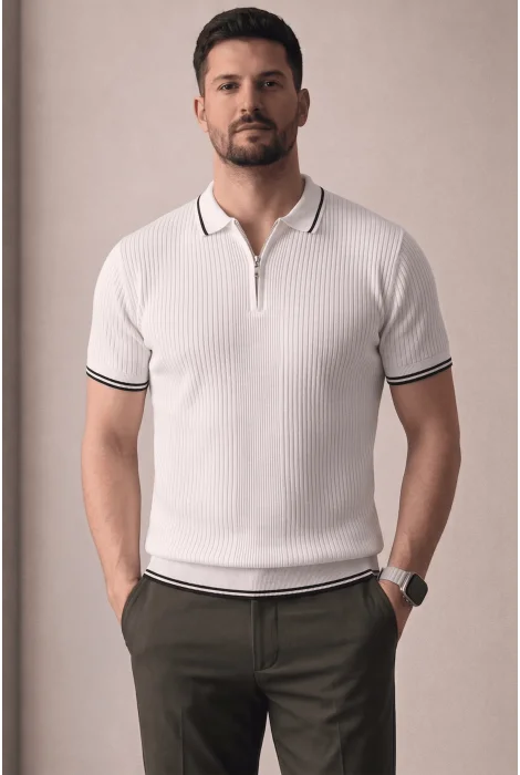 Erkek Polo Yaka Çizgili Tişört Beyaz Cd177