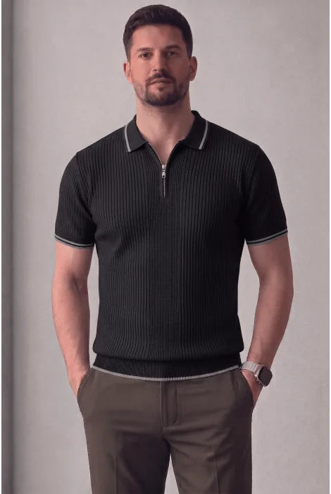 Erkek Polo Yaka Çizgili Tişört Siyah Cd177