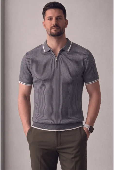 Erkek Polo Yaka Çizgili Tişört Füme Cd177