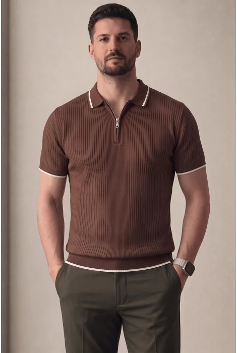 Erkek Polo Yaka Çizgili Tişört Kahverengi Cd177