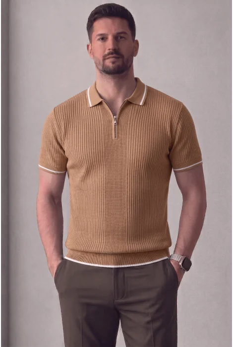 Erkek Polo Yaka Çizgili Tişört Açık Kahverengi Cd177