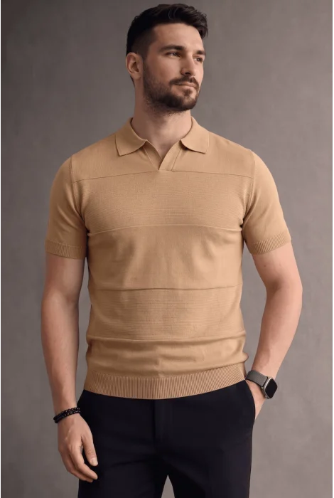 Erkek Açık Yaka Bloklu Triko Tişört Sarı Cd174