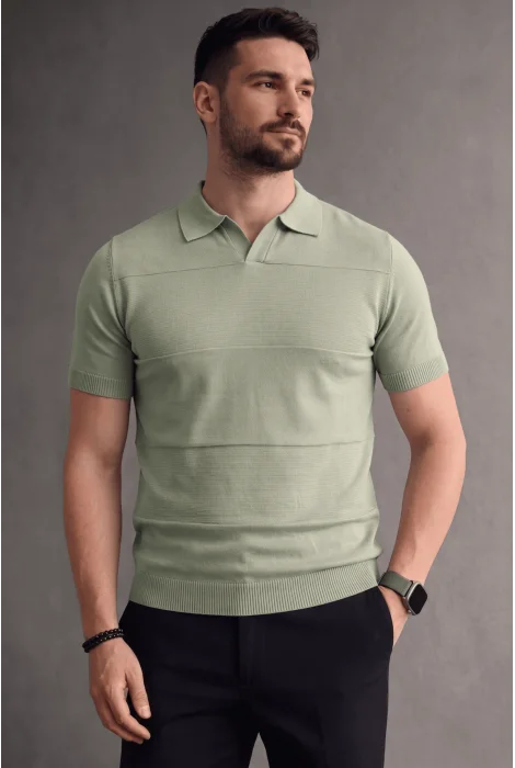 Erkek Açık Yaka Bloklu Triko Tişört Açık Yeşil Cd174